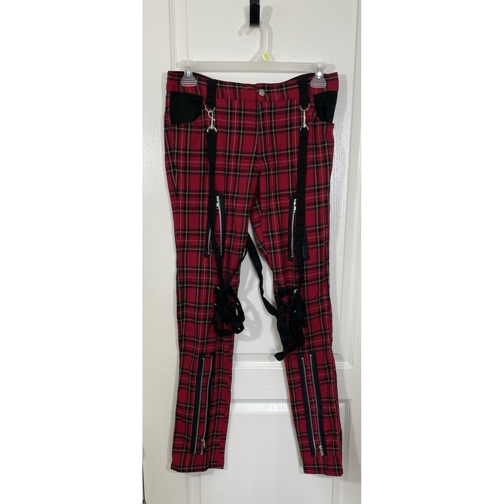 Hell Bunny Tartan Plaid Rudie Pants Womens Large Red Goth Punk Grunge Zippers